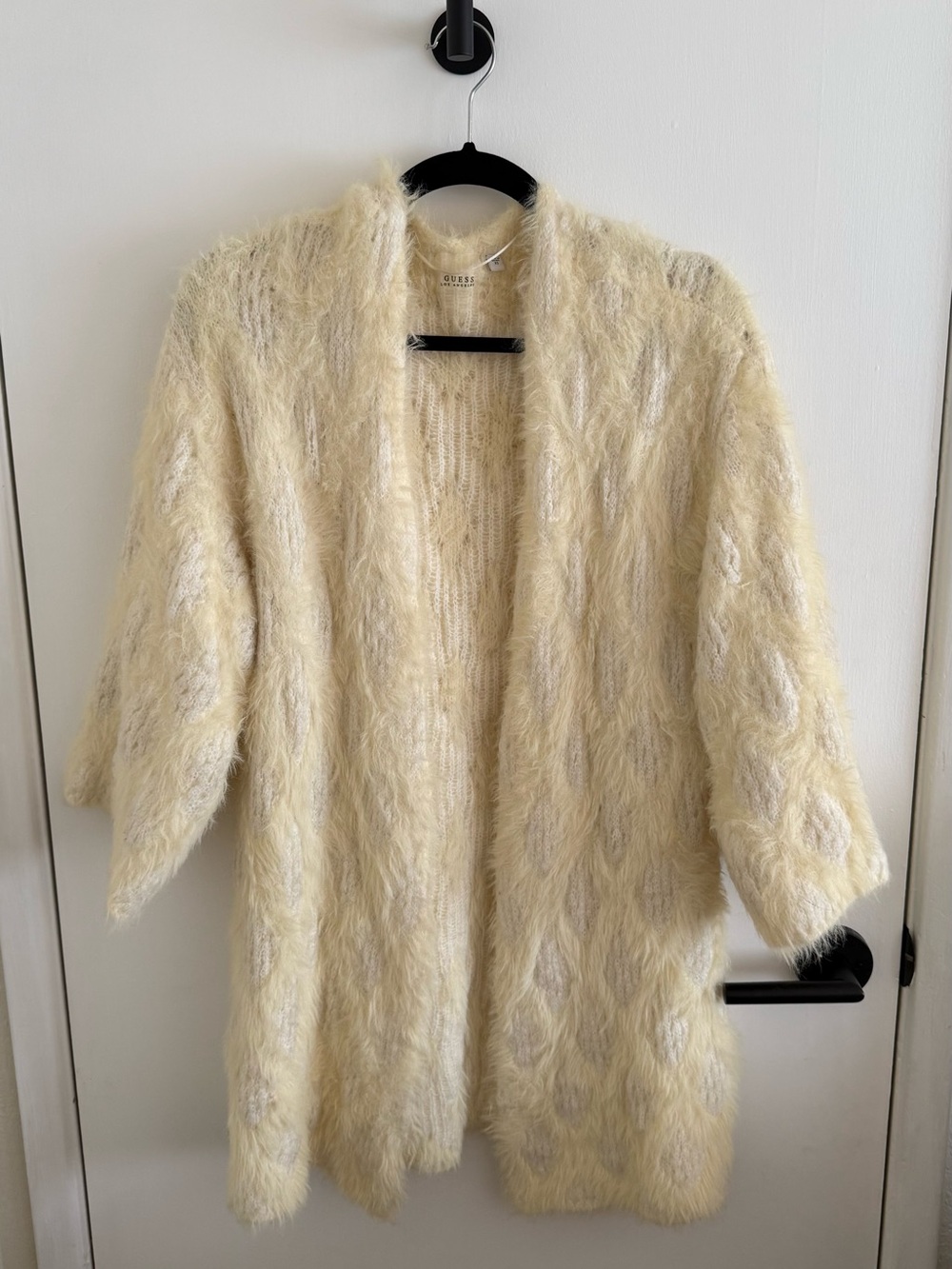 GUESS Furry Eyelash Knit Soft Cream Fuzzy Open Front Duster Cardigan